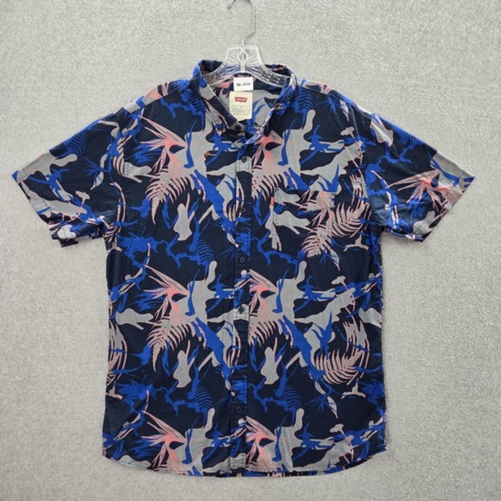 Levi's Men Button Up Shirt XL‎ Blue Floral Hawaiian Short Sleeve Collar Pocket
